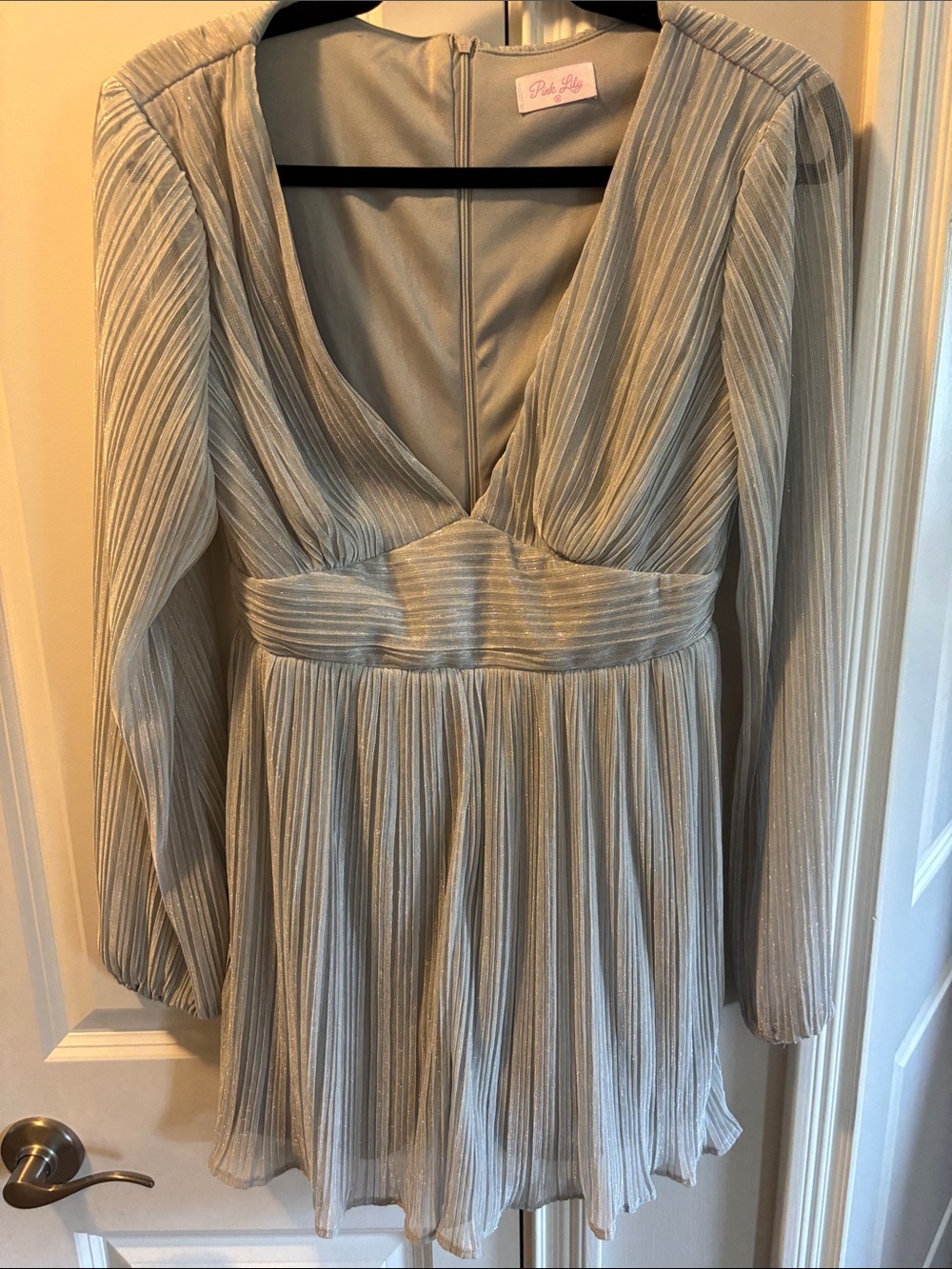 Pink Lily Silver Metallic Pleated V-Neck Long Sleeve Romper